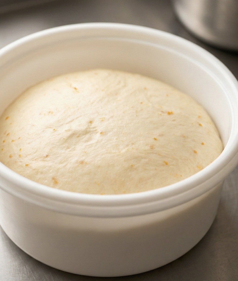 Raw bread dough rising in a rustic clay bowl